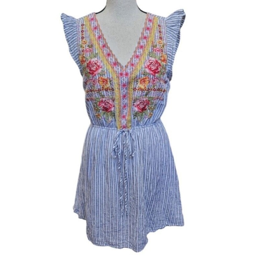 Savanna Jane Striped Flutter Sleeve Boho Mini Dress Size Small Embroidered Lined
